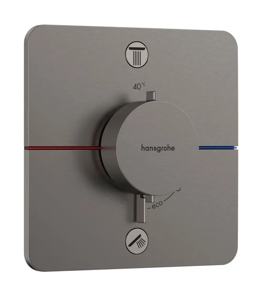 Thermostat mit Drehknopf zur Temperaturregelung, ausgestattet mit Icons zur Bedienung von zwei Verbrauchern, gefertigt von Hansgrohe in brushed black chrome.